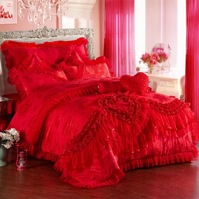 Parure de Lit Satin Jacquard Rouge — Édition Royale Romantique