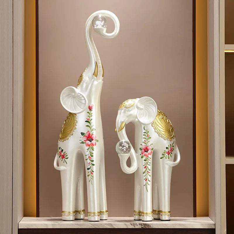 Paire Sculptures Éléphants — Résine Or & Nacre Style Américain Prestige
